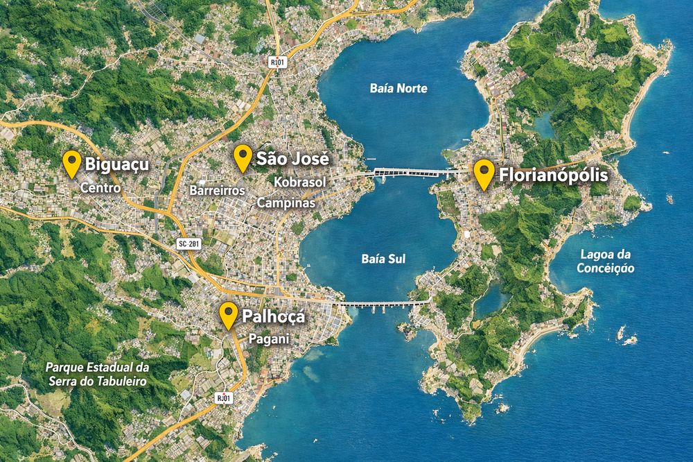 Mapa de Atuação abrangendo Florianópolis, São José, Palhoça e Biguaçu